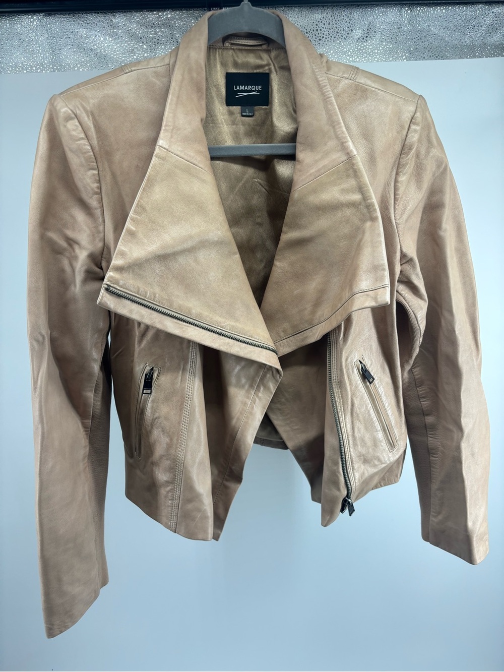Lamarque Light Taupe Leather Asymmetrical Moto Jacket